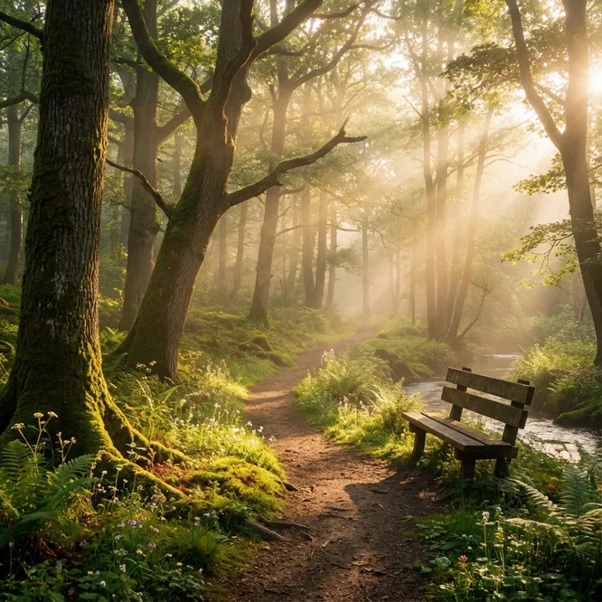 Path through a peaceful forest representing the healing journey
